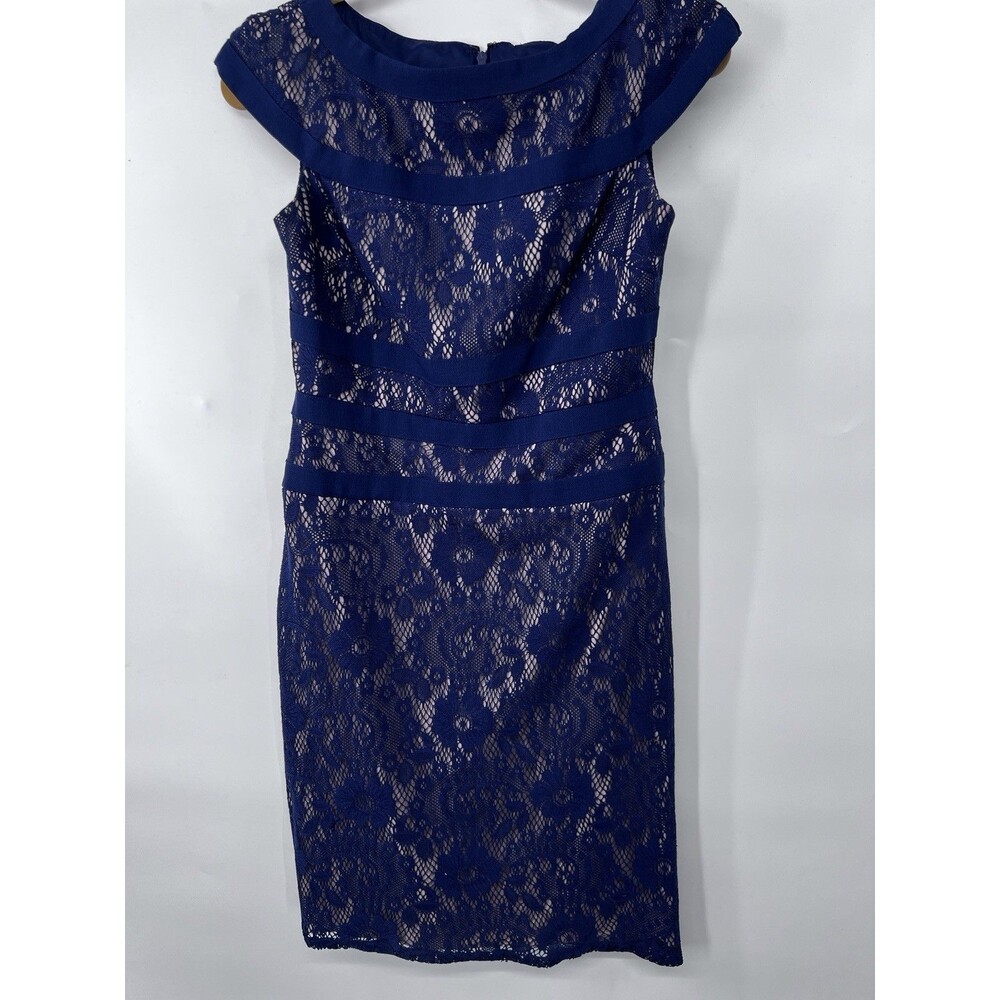 Adrianna Papell Navy Blue Lace Shoulder Sheath Dress Size 4 women's